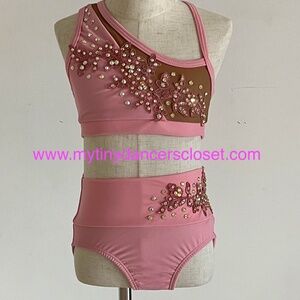 Dance Costume - CH MED - Pink 2 piece with stones and flowers